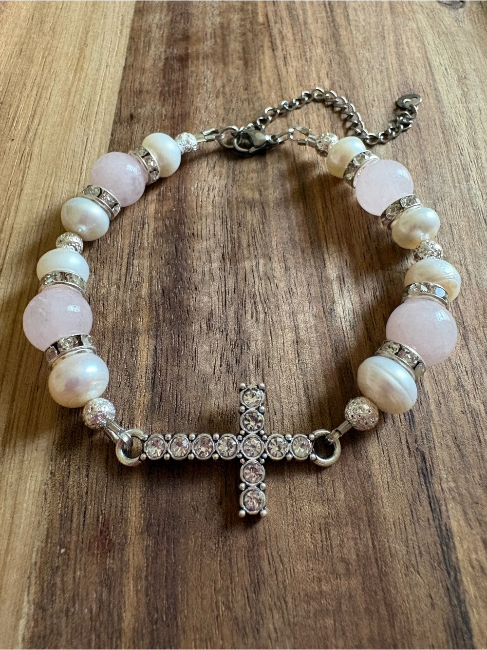 Handmade Rose Quartz & Freshwater Pearl Cross Bracelet